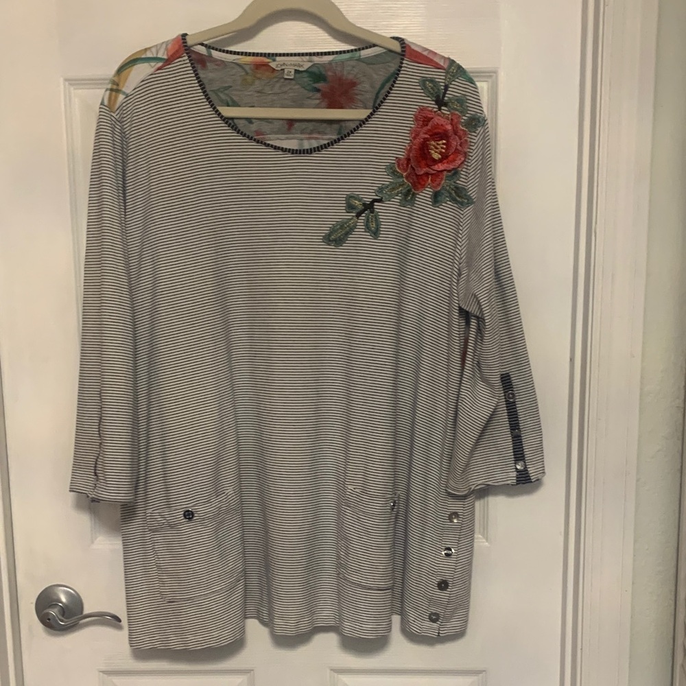 SOLD John Mark Striped Top with Red Floral Detail